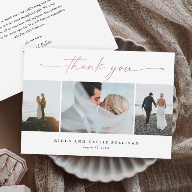 Tarjeta De Agradecimiento Rosa escrito a mano Boda de guión dorado (Elegant handwritten rose gold script wedding photo thank you cards.)