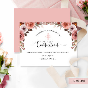 Tarjeta De Agradecimiento Rosa Español Floral Primera Comunión Gracias Niña
