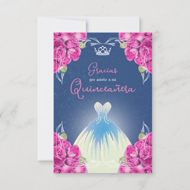 TARJETA DE AGRADECIMIENTO ROSA ESPAÑOLA Y QUINCEAÑERA AZUL | (Anverso)