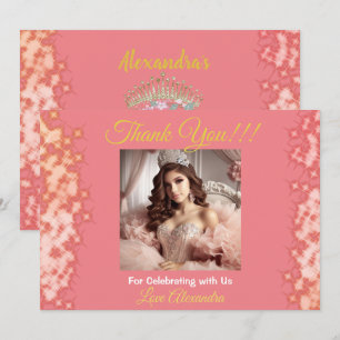 Tarjeta De Agradecimiento Rosa espumoso Oro Quinceañera Princesa España