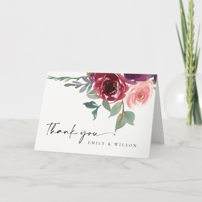 TARJETA DE AGRADECIMIENTO ROSA FLORAL ACUARELA BODA MARSALA ROJO (Anverso)