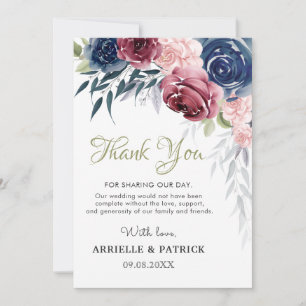 Tarjeta De Agradecimiento Rosa floral azul borgoña Rubor Boda rosa