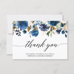Tarjeta De Agradecimiento Rosa floral de color azul de la marina de color ag
