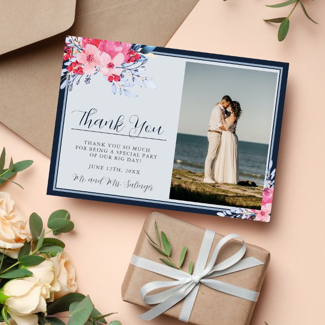 Tarjeta De Agradecimiento Rosa floral elegante y azul turbio (Subido por el creador)