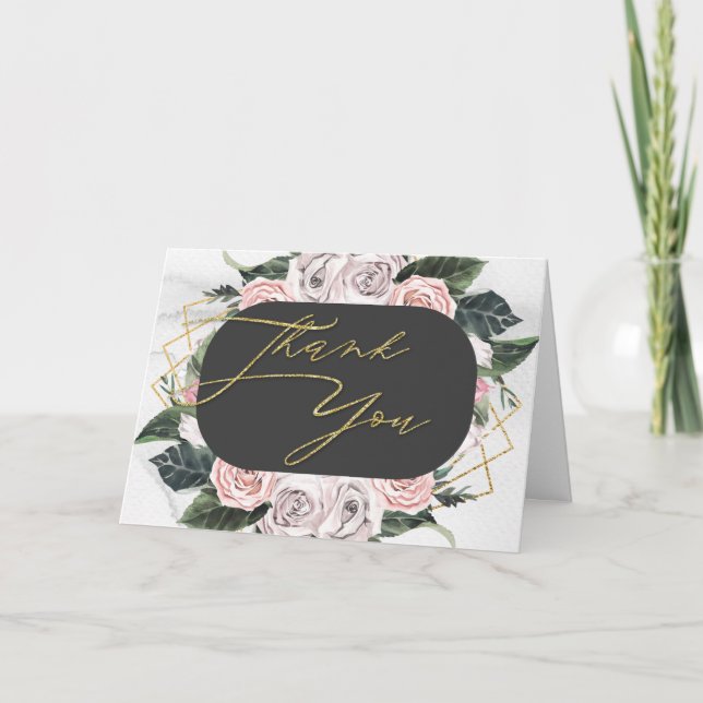 Tarjeta De Agradecimiento Rosa floral rosa y dorado en acuarela (Anverso)