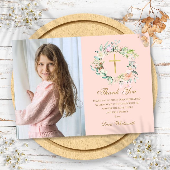 Tarjeta De Agradecimiento Rosa Garland Floral First Holy Communition Photo (Rose Garland Floral First Holy Communion Photo Thank You Card)