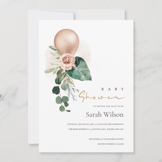 TARJETA DE AGRADECIMIENTO ROSA GOLD BALLOON FLORAL BUNCH BABY SHOWER INVITE (Anverso)
