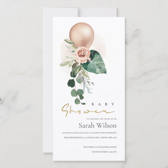 TARJETA DE AGRADECIMIENTO ROSA GOLD BALLOON FLORAL BUNCH BABY SHOWER INVITE (Anverso)