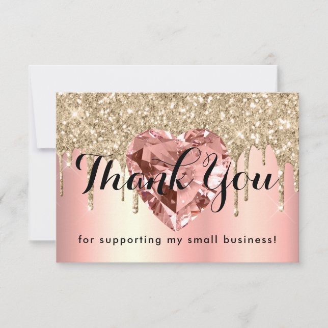 Tarjeta De Agradecimiento Rosa Gold Diamond Heart Small Business Personaliza (Anverso)