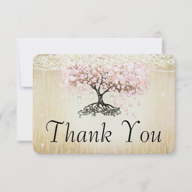 Tarjeta De Agradecimiento Rosa Gold Fairy Lights Heart Leaf Tree Gracias (Anverso)