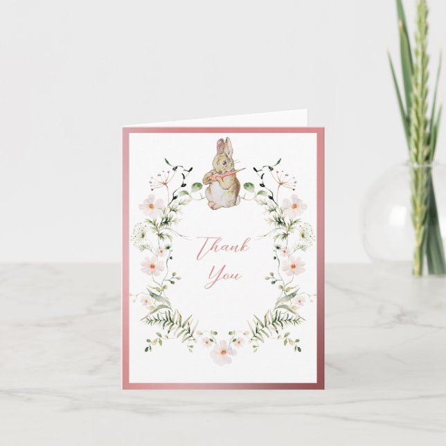 Tarjeta De Agradecimiento Rosa Gold Floral Baby Bunny Baby Shower (Anverso)
