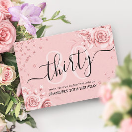 Tarjeta De Agradecimiento Rosa Gold Floral Purpurina 30.º guión de cumpleaño