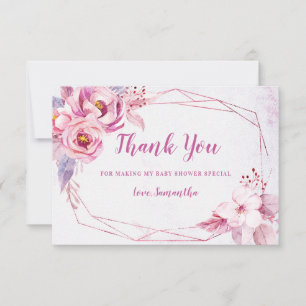 Tarjeta De Agradecimiento Rosa Gold Floral Rosa Morado Geométrico Baby Showe