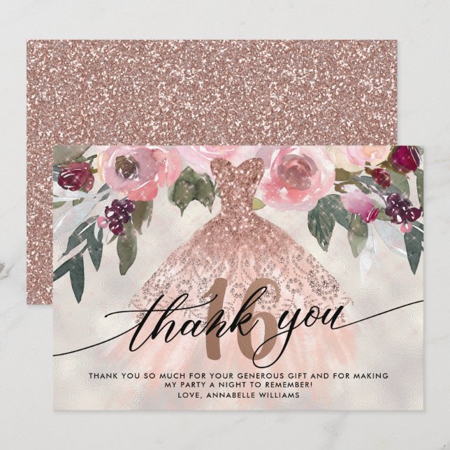 Tarjeta De Agradecimiento Rosa Gold Floral Sweet 16 Gracias (Anverso / Reverso)