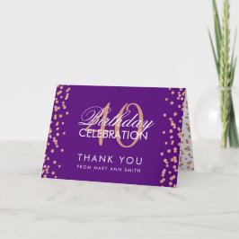 Tarjeta De Agradecimiento Rosa Gold Purple 40th Birthday Gracias Confetti