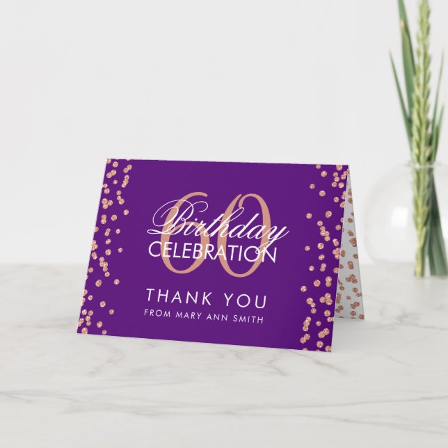 Tarjeta De Agradecimiento Rosa Gold Purple 60th Birthday Gracias Confetti (Anverso)