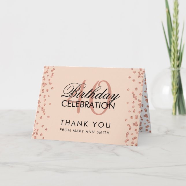 Tarjeta De Agradecimiento Rosa Gold Rubor 40th Birthday Gracias Confetti (Anverso)