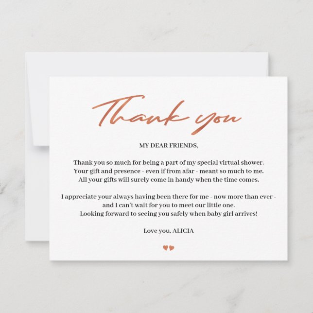 Tarjeta De Agradecimiento Rosa guión dorado bebé ducha virtual gracias (Anverso)