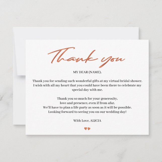 Tarjeta De Agradecimiento Rosa guión dorado novia ducha virtual gracias (Anverso)