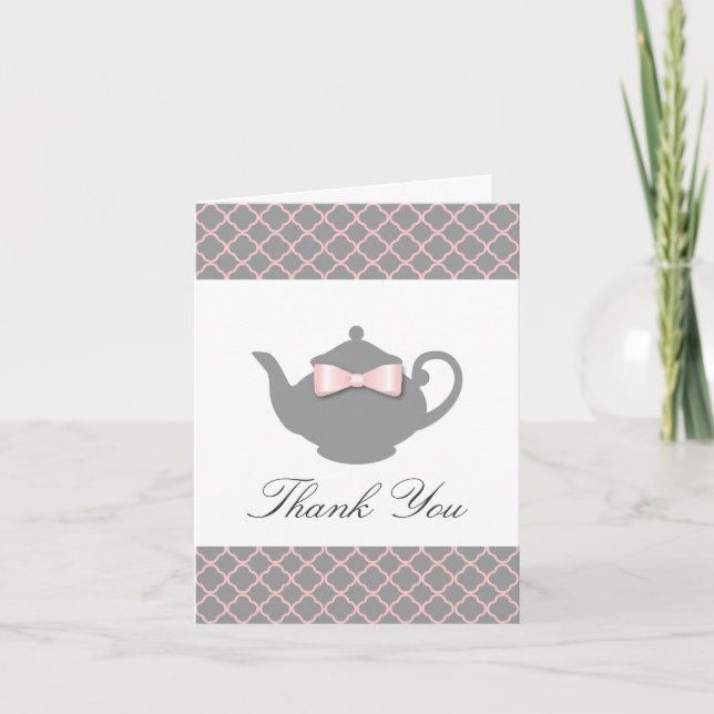 Tarjeta de agradecimiento rosa Moda + teapot gris (Anverso)