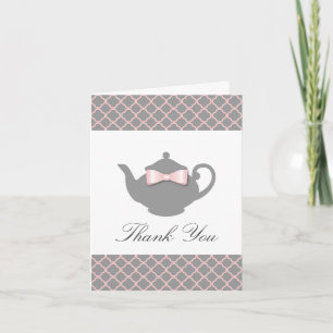 Tarjeta de agradecimiento rosa Moda + teapot gris