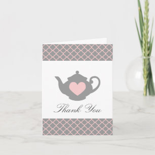 Tarjeta de agradecimiento rosa Moda + teapot gris