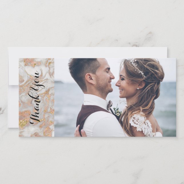 Tarjeta De Agradecimiento Rosa moderno Boda de Mármol de oro gracias (Anverso)