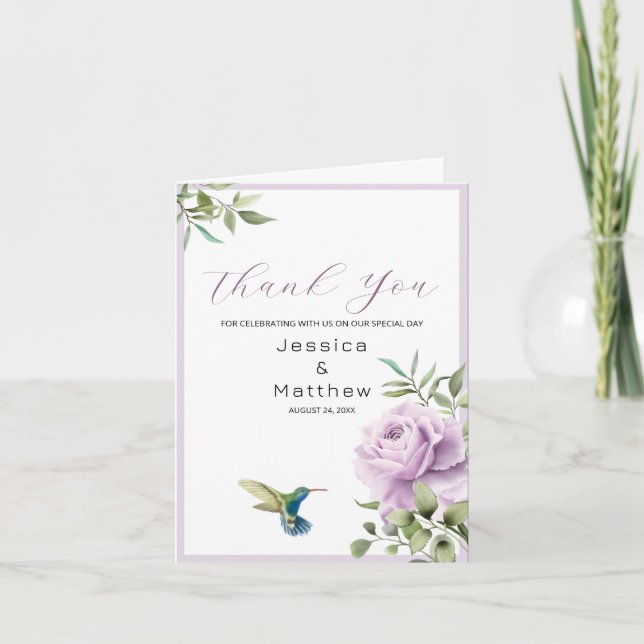 Tarjeta De Agradecimiento Rosa morado y colibrí (Anverso)