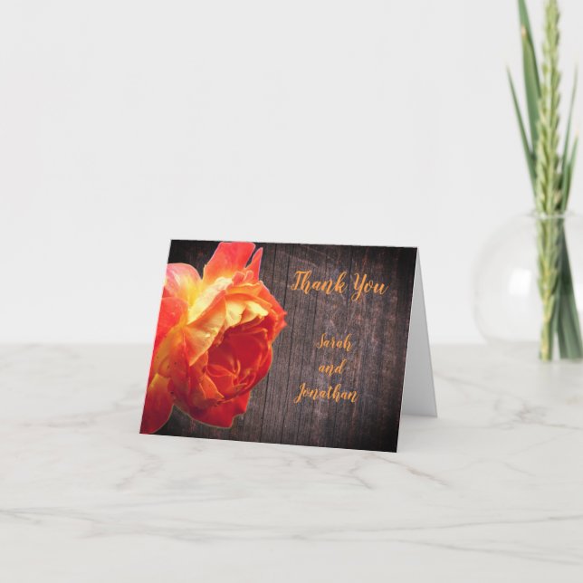 Tarjeta De Agradecimiento Rosa naranja Barnwood Boda personalizado (Anverso)