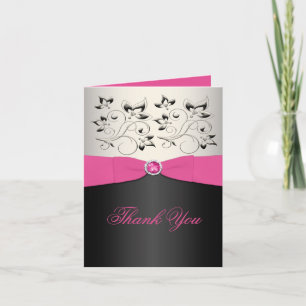 Tarjeta de agradecimiento rosa, negra y plateada