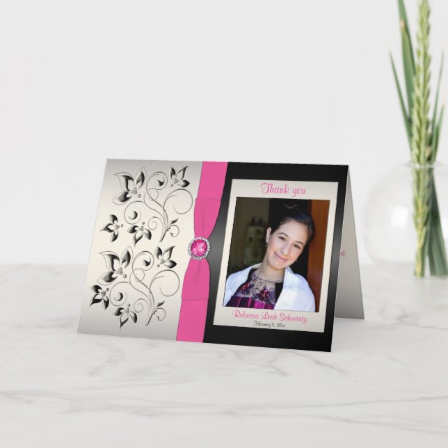 Tarjeta de agradecimiento rosa, negro y plateado c (Anverso)