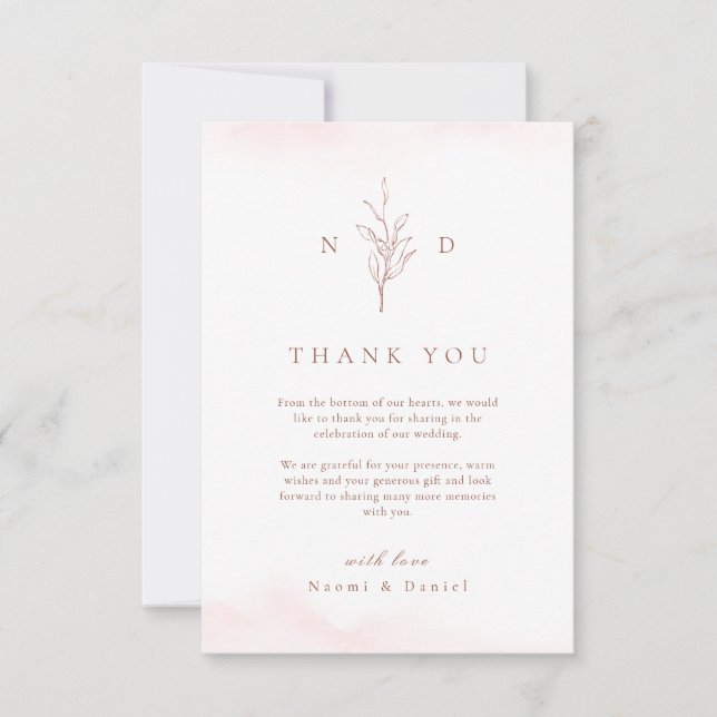 Tarjeta De Agradecimiento Rosa oro hojas botánicas simples boda monograma (Anverso)