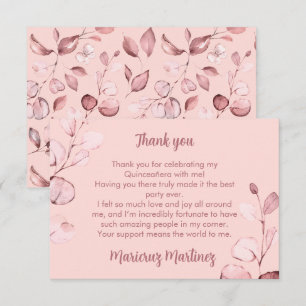 Tarjeta De Agradecimiento Rosa Oro Rosado Botánico Quinceañera