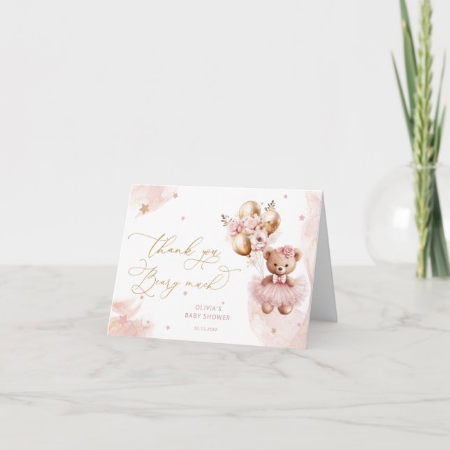 Tarjeta De Agradecimiento Rosa Oro Teddy Bear Balón Bebé Muchacha Gracias (Anverso)