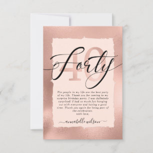 Tarjeta De Agradecimiento Rosa Oro y Relieve metalizado Rosa 40 cumpleaños