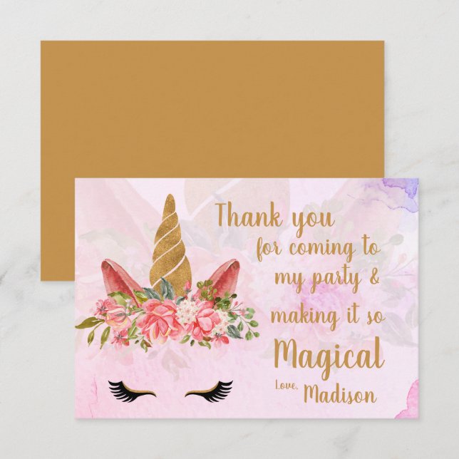 Tarjeta De Agradecimiento Rosa Pasta Bonita Unicornio Floral Cumpleaños (Anverso / Reverso)