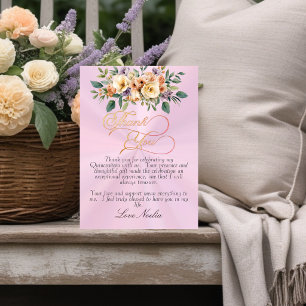 Tarjeta De Agradecimiento Rosa Pastel - Corona Floral y Dorada para Quinceañ
