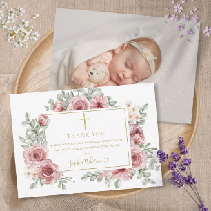 Tarjeta De Agradecimiento Rosa Polvorienta Floral Dorado Bautizo Foto