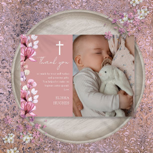 Tarjeta De Agradecimiento Rosa Polvoriento Floral Foto Bautizo