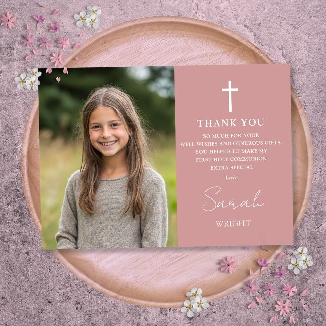 Tarjeta De Agradecimiento Rosa Polvoriento Foto Rosa Primero Comunión Santa (Dusty Rose Pink Photo First Holy Communion Thank You Card)