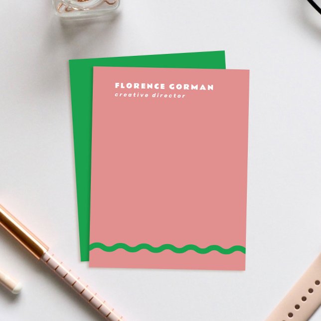 Tarjeta De Agradecimiento Rosa polvoriento y marco ondulado verde personal (dusty rose pink personal stationery note cards with fresh Kelly green backer and wavy line detail)