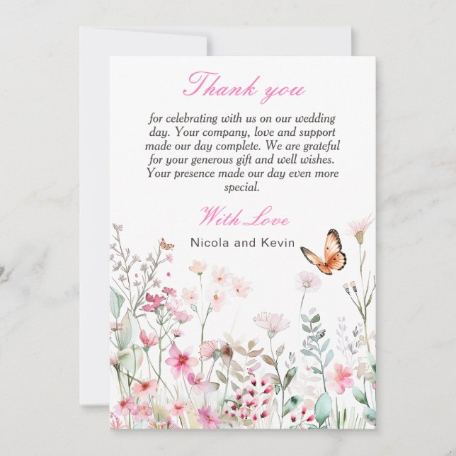 Tarjeta De Agradecimiento Rosa Profundo Primavera, Boda floral mariposa (Anverso)
