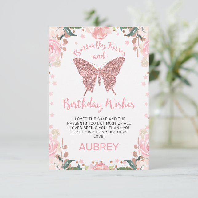 Tarjeta De Agradecimiento Rosa Purpurina de oro Besos de mariposa Cumpleaños (Anverso de pie)