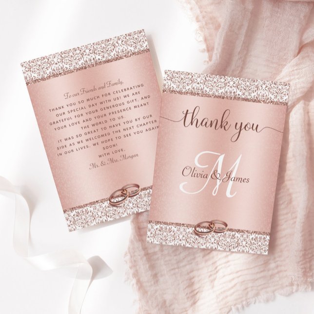 Tarjeta De Agradecimiento Rosa Purpurina de oro Damask Boda metálico (Subido por el creador)