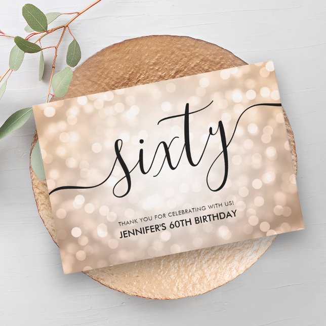 Tarjeta De Agradecimiento Rosa Purpurina de Oro Encende 60 cumpleaños Gracia (Rose Gold Glitter Lights 60th Birthday Thank You)