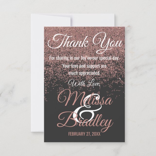 Tarjeta De Agradecimiento Rosa Purpurina de oro esparkles Black Gracias (Anverso)