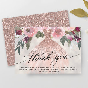 Tarjeta De Agradecimiento Rosa Purpurina de oro Floral Quinceañera