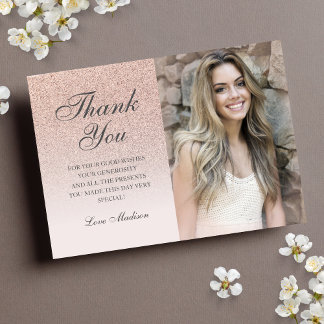 Tarjeta De Agradecimiento Rosa purpurina de oro foto gracias moda Quinceañer