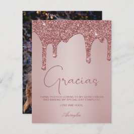 Tarjeta De Agradecimiento Rosa Purpurina de oro perfora Quinceanera Foto Gra