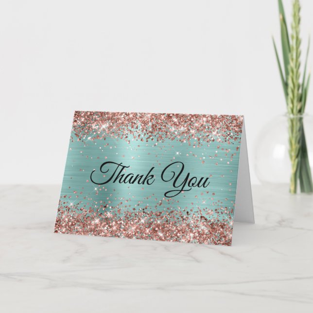 Tarjeta De Agradecimiento Rosa Purpurina dorado Relieve metalizado turquesa  (Anverso)